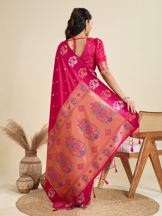 Rani Pink Soft Kanjivaram Paithani Silk Zari Woven Designer Saree with Blouse
