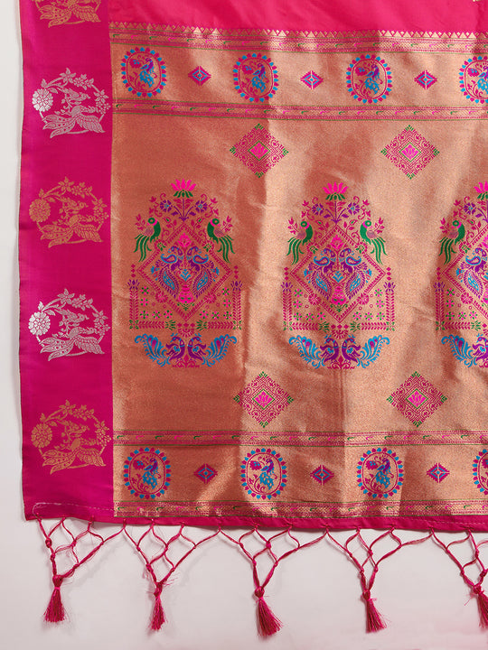 Rani Pink Soft Kanjivaram Paithani Silk Zari Woven Designer Saree with Blouse