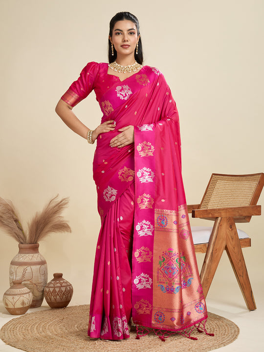 Rani Pink Soft Kanjivaram Paithani Silk Zari Woven Designer Saree with Blouse