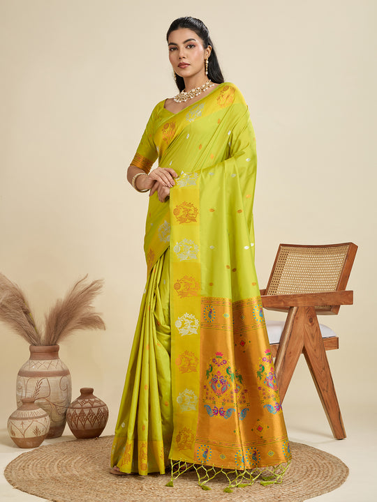Mehendi Soft Kanjivaram Paithani Silk Zari Woven Designer Saree with Blouse