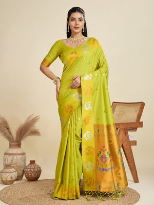 Mehendi Soft Kanjivaram Paithani Silk Zari Woven Designer Saree with Blouse