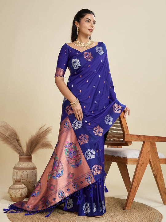 Blue Soft Kanjivaram Paithani Silk Zari Woven Designer Saree with Blouse
