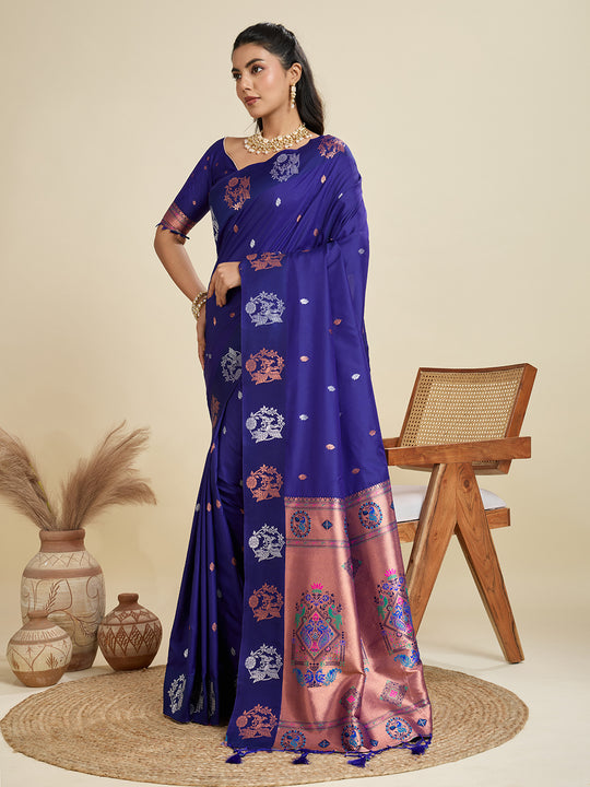 Blue Soft Kanjivaram Paithani Silk Zari Woven Designer Saree with Blouse