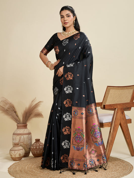 Black Soft Kanjivaram Paithani Silk Zari Woven Designer Saree with Blouse
