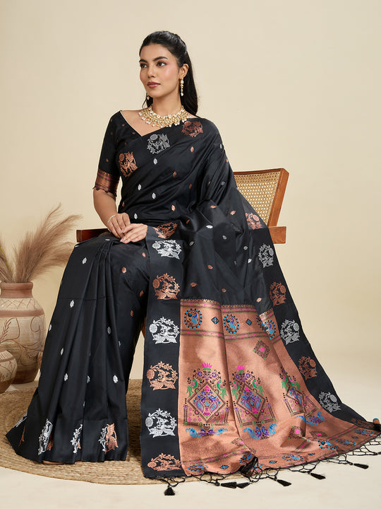Black Soft Kanjivaram Paithani Silk Zari Woven Designer Saree with Blouse