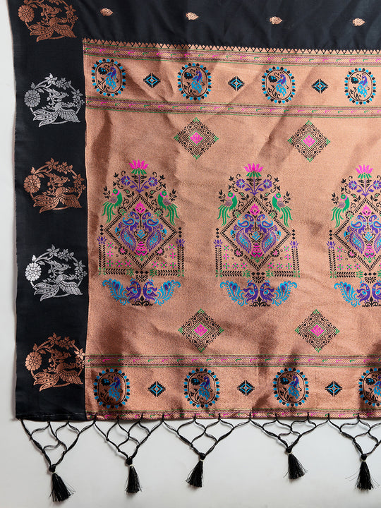 Black Soft Kanjivaram Paithani Silk Zari Woven Designer Saree with Blouse