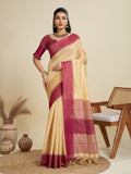Cream Khadi Raw Silk Temple Woven Border Designer Saree with Blouse