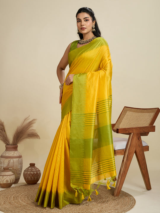 Yellow Khadi Raw Silk Temple Woven Border Designer Saree with Blouse