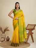 Yellow Khadi Raw Silk Temple Woven Border Designer Saree with Blouse