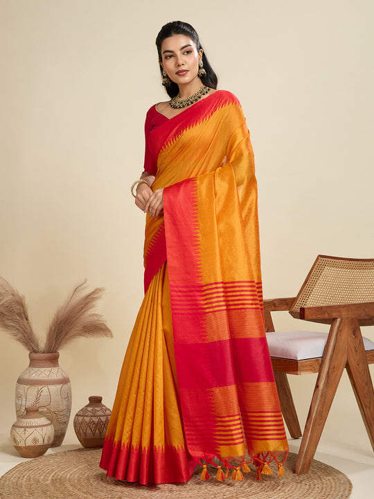 Mustard Khadi Raw Silk Temple Woven Border Designer Saree with Blouse