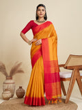 Mustard Khadi Raw Silk Temple Woven Border Designer Saree with Blouse