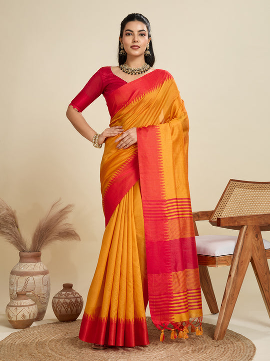 Mustard Khadi Raw Silk Temple Woven Border Designer Saree with Blouse
