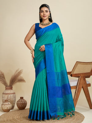 Rama Khadi Raw Silk Temple Woven Border Designer Saree with Blouse