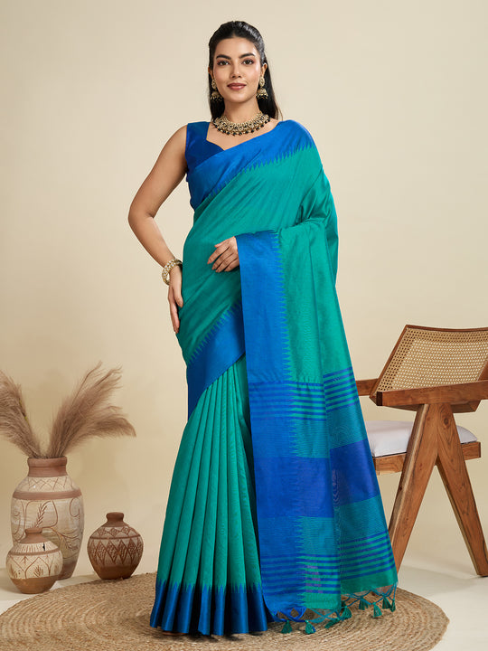 Rama Khadi Raw Silk Temple Woven Border Designer Saree with Blouse