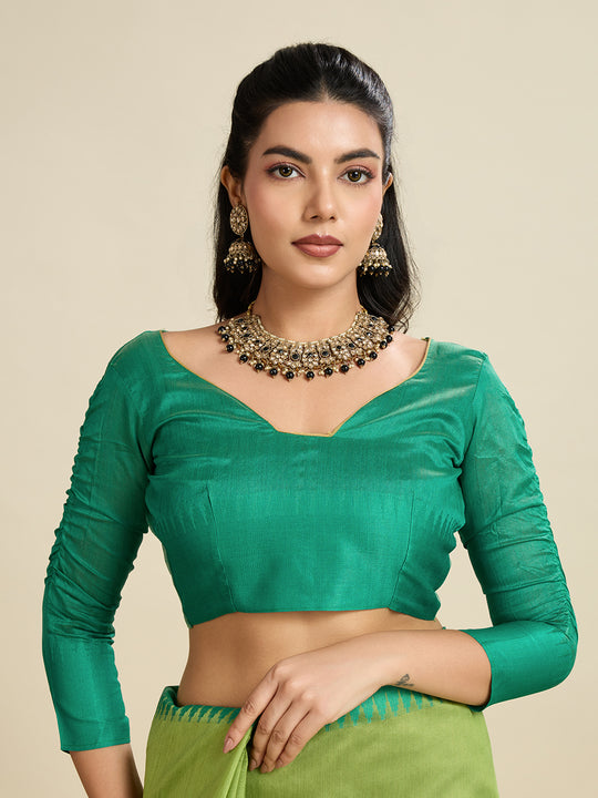 Mehendi Khadi Raw Silk Temple Woven Border Designer Saree with Blouse