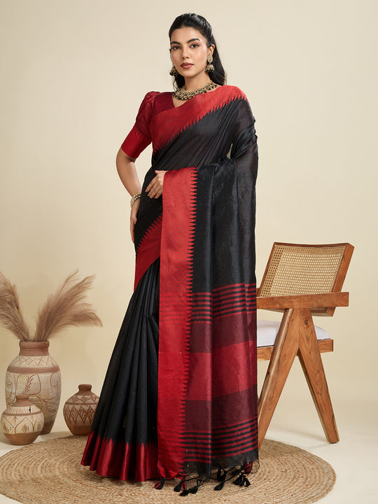 Black Khadi Raw Silk Temple Woven Border Designer Saree with Blouse