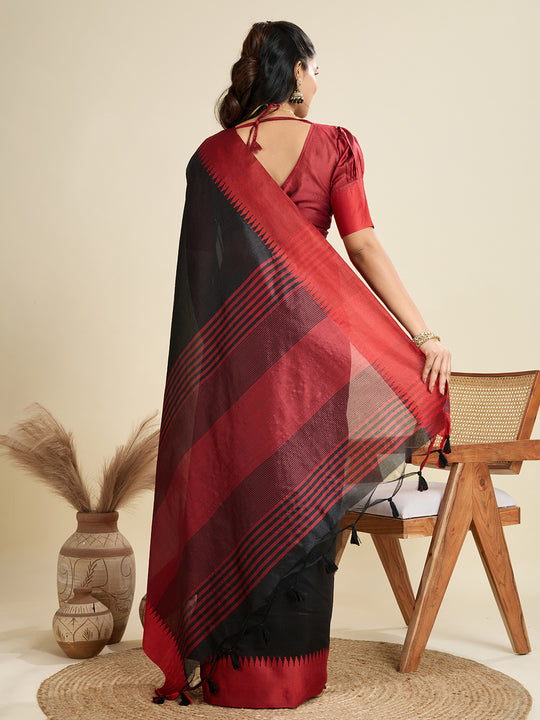 Black Khadi Raw Silk Temple Woven Border Designer Saree with Blouse