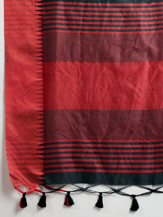 Black Khadi Raw Silk Temple Woven Border Designer Saree with Blouse