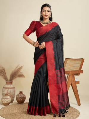 Black Khadi Raw Silk Temple Woven Border Designer Saree with Blouse