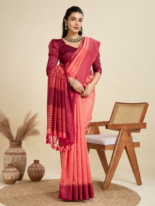 Peach Khadi Raw Silk Temple Woven Border Designer Saree with Blouse