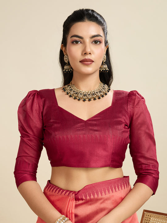 Peach Khadi Raw Silk Temple Woven Border Designer Saree with Blouse