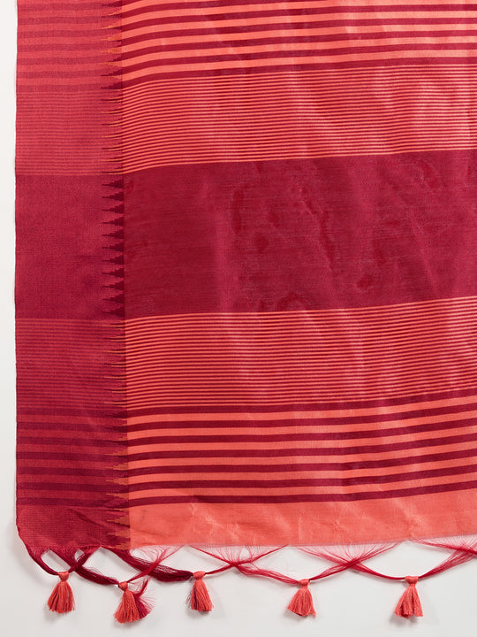 Peach Khadi Raw Silk Temple Woven Border Designer Saree with Blouse