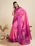 Pink Khadi Raw Silk Temple Woven Border Designer Saree with Blouse