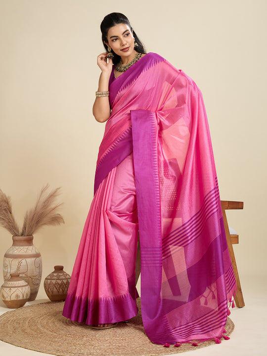 Pink Khadi Raw Silk Temple Woven Border Designer Saree with Blouse