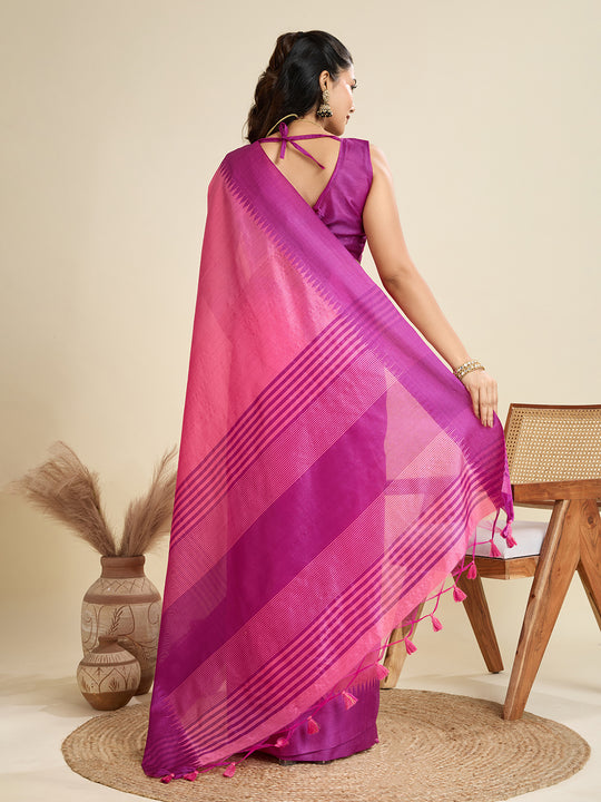 Pink Khadi Raw Silk Temple Woven Border Designer Saree with Blouse