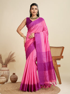 Pink Khadi Raw Silk Temple Woven Border Designer Saree with Blouse