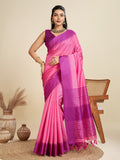Pink Khadi Raw Silk Temple Woven Border Designer Saree with Blouse