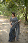 Grey Tussar SilkTraditional Thread Work Designer Saree with Blouse