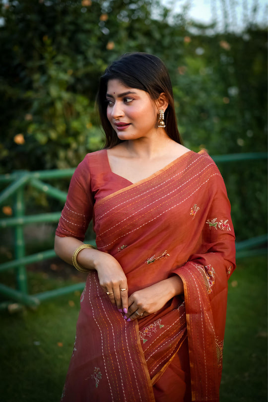 Orange Tussar SilkTraditional Thread Work Designer Saree with Blouse