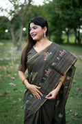 Black Tussar SilkTraditional Thread Work Designer Saree with Blouse