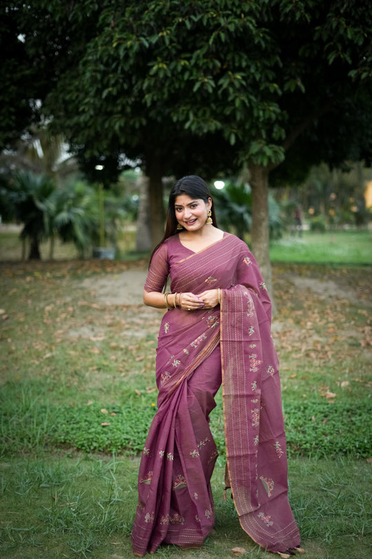 Wine Tussar SilkTraditional Thread Work Designer Saree with Blouse