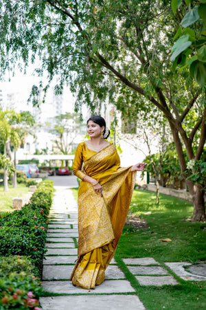 Mustard Handloom Raw Silk Weaving Designer Saree with Blouse