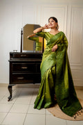 Green Handloom Raw Silk Weaving Designer Saree with Blouse