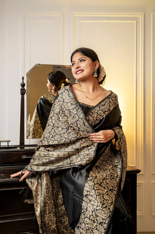 Black Handloom Raw Silk Weaving Designer Saree with Blouse