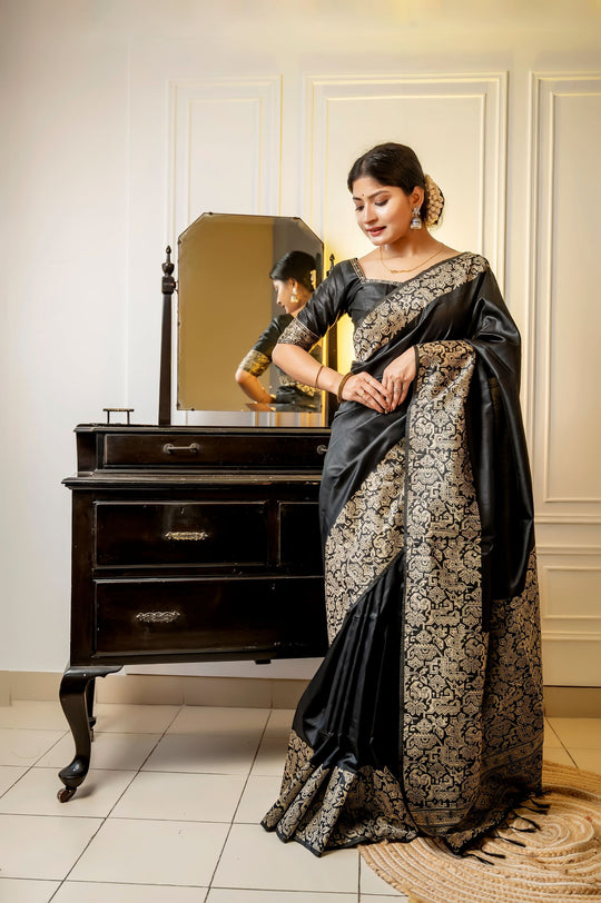 Black Handloom Raw Silk Weaving Designer Saree with Blouse