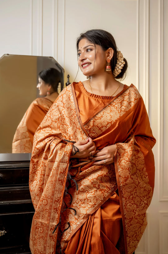 Orange Handloom Raw Silk Weaving Designer Saree with Blouse