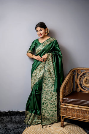 Bottle Green Handloom Raw Silk Weaving Designer Saree with Blouse