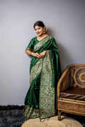 Bottle Green Handloom Raw Silk Weaving Designer Saree with Blouse