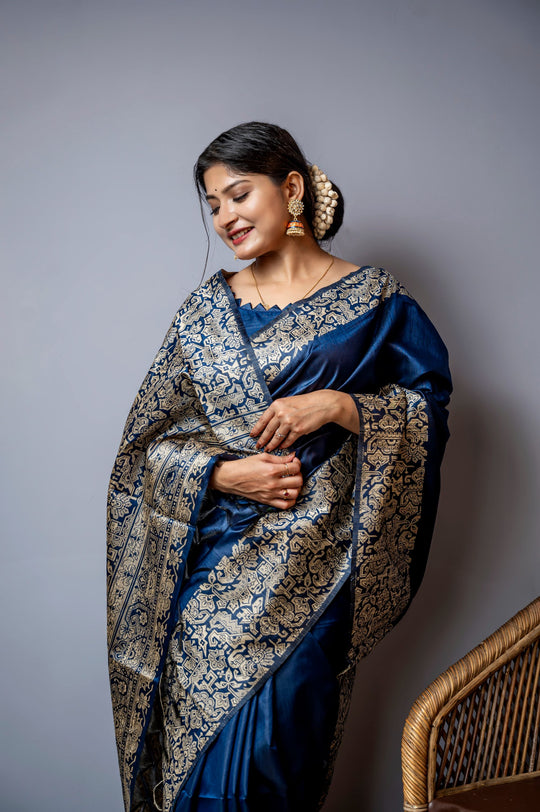 Navy Blue Handloom Raw Silk Weaving Designer Saree with Blouse