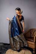 Navy Blue Handloom Raw Silk Weaving Designer Saree with Blouse