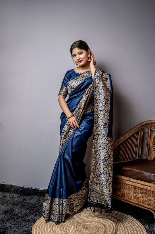 Navy Blue Handloom Raw Silk Weaving Designer Saree with Blouse