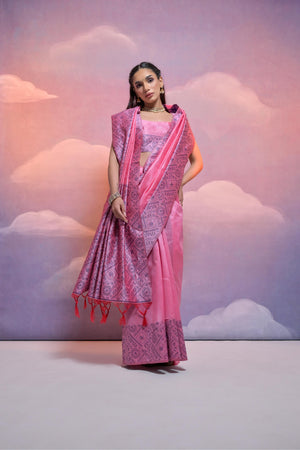 Pink Handloom Raw Silk Weaving Designer Saree with Blouse