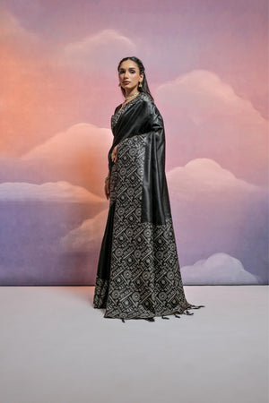 Black Handloom Raw Silk Weaving Designer Saree with Blouse