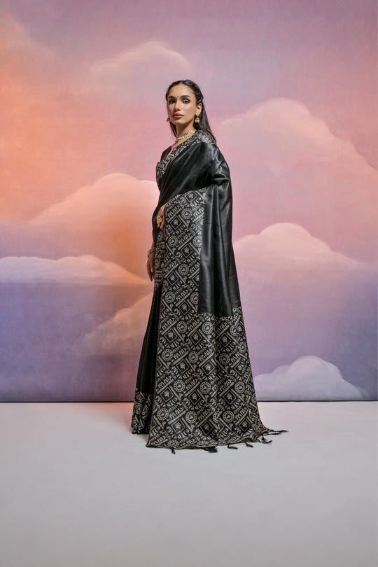 Black Handloom Raw Silk Weaving Designer Saree with Blouse