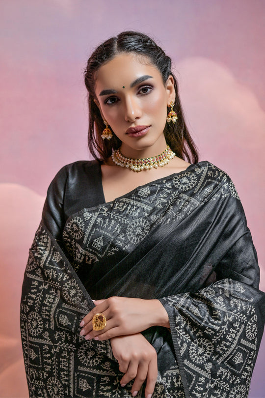 Black Handloom Raw Silk Weaving Designer Saree with Blouse