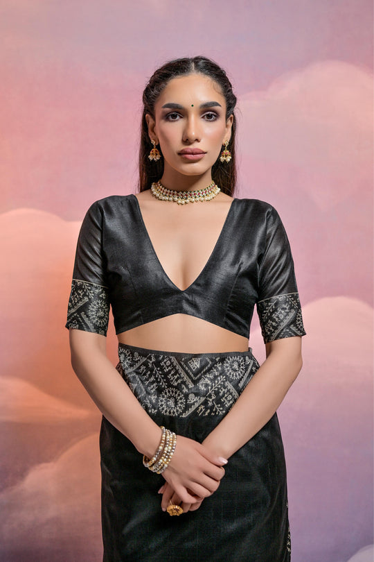 Black Handloom Raw Silk Weaving Designer Saree with Blouse